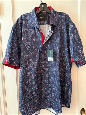 MACEOO Navy Short-Sleeve Button-Down Shirt with Red Accents